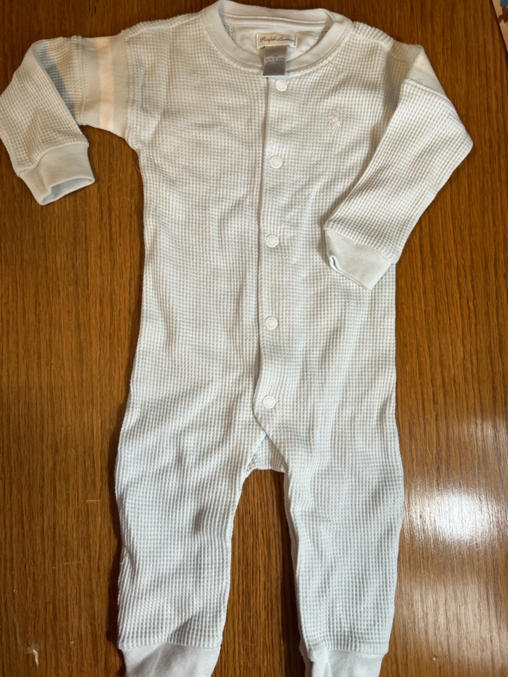 EUC Ralph Lauren pale blue Waffle-Knit Baby Romper